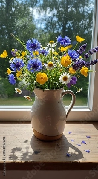 Obraz Vibrant Wildflower Bouquet in Pitcher by Window.