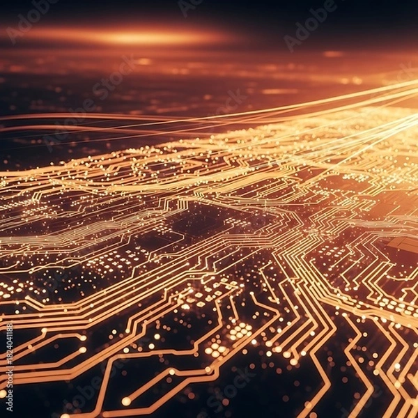Obraz Abstract Technology Circuit Board Design with Glowing Lines and Data Flow.