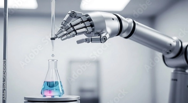 Fototapeta Robotic arm precisely dispenses liquid into a laboratory flask, showcasing advanced automation in scientific research and development.