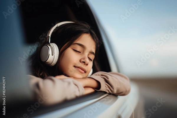 Obraz Mixed race teenage girl wearing white wireless headphones, eyes closed, looking out of car window, head resting on hands. She is relaxed and enjoying music or audiobook while traveling.
