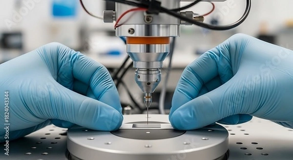 Fototapeta Scientist in blue gloves operating advanced laboratory equipment for precise material analysis and research.