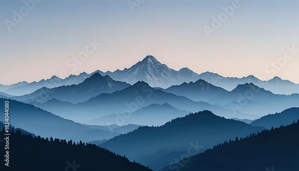 Obraz Layered mountain range silhouette at sunrise with soft blue haze