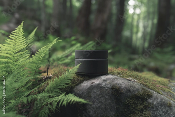 Obraz Mockup of a matte black cosmetic jar sits on a moss-covered rock, surrounded by fern leaves in a dense green forest. Organic care, naturalness, safe ingredients, eco-friendly concept.