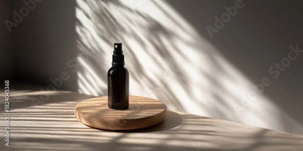 Obraz Mockup of a dark spray bottle on a wooden cylindrical podium. Bumper shot. Strong light casts linear shadows. Minimalist skincare packaging, organic product. Copy space, place for signature.