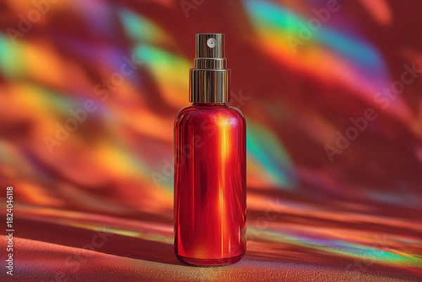 Obraz Mockup of a glossy, metallic red spray bottle with a golden atomizer against a vibrant, holographic background. High contrast and shine. Luxury cosmetic, artistic product display, bold aesthetic .