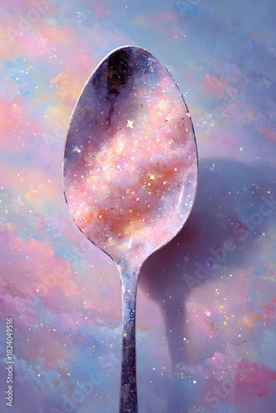 Fototapeta A metallic spoon reflects a dazzling, glittery nebula of pink, purple, and gold against a dreamlike, cloudy sky