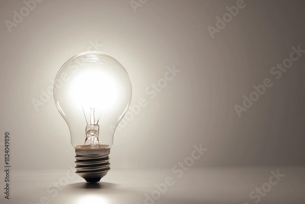 Obraz A brightly glowing incandescent light bulb stands upright on a subtle gradient gray background. Clean, minimalist studio shot. Idea, innovation, solution concept. Copy space, place for signature.