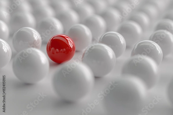 Obraz A single glossy red sphere stands prominently among a large group of identical white spheres. Shallow depth of field creates focus. Idea of singularity, innovation, and prominence.