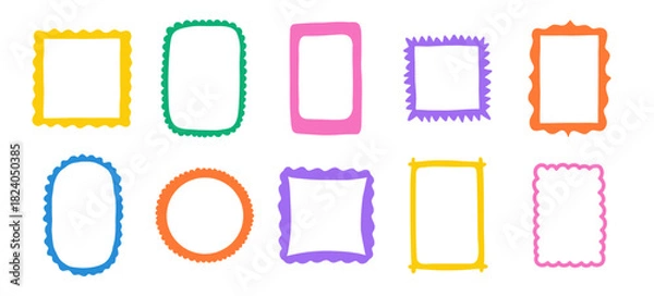 Fototapeta Cute square, oval and rectangle frames, scallop edges. Squiggle photo borders. Wiggly groovy shapes, funny geometric text box. Vector set