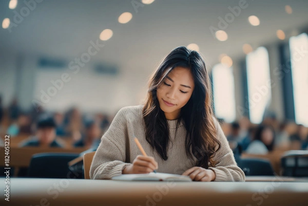 Fototapeta Concentrated young Asian female student with long dark hair writing in notebook at table in university lecture hall. Education, study, exams.