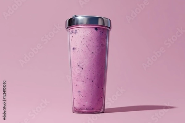 Fototapeta A pink berry smoothie in a transparent shaker cup with a chrome lid stands against a monochromatic pink background. Nutrition, health, fitness supplement. Copy space.