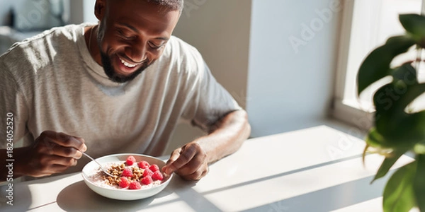 Fototapeta A young Black man with a beard sits at a sunny table, smiling brightly while eating a bowl of oatmeal with raspberries. Healthy breakfast, joyful lifestyle, nutrition concept.