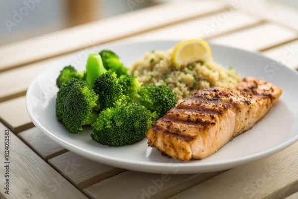 Obraz A grilled salmon fillet, fresh broccoli florets, and quinoa with a lemon slice are served on a white plate. The meal sits on a wooden slatted table. Healthy diet, protein, nutritious food concept.