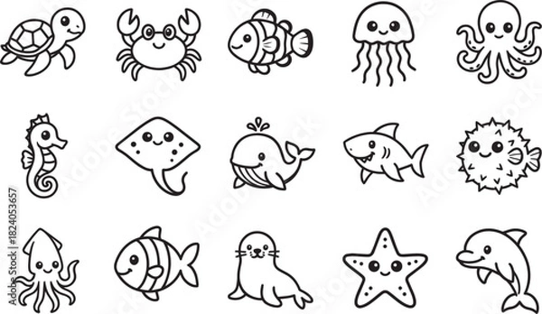 Fototapeta An adorable array of marine creatures, each depicted with charming detail, swimming across a plain backdrop, offering a delightful glimpse into the underwater world.