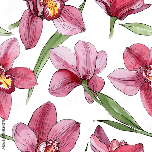 Fototapeta Wildflower orchid flower pattern in a watercolor style. Full name of the plant: orchid. Aquarelle wild flower for background, texture, wrapper pattern, frame or border.
