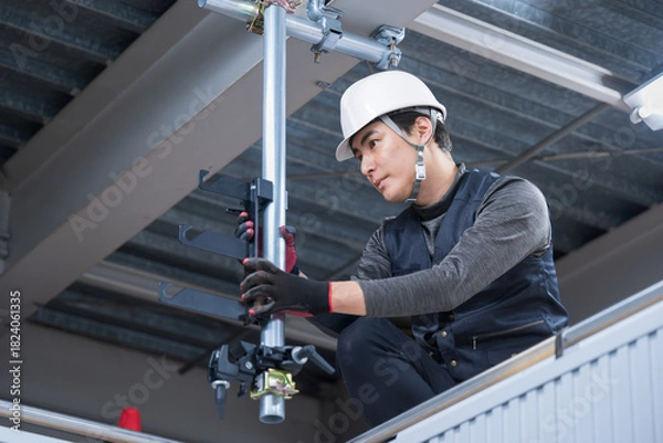 Obraz 天井が近い高所の足場で単管パイプを固定するクランプなどの施工作業　鳶職や作業員のイメージ　レンチで締め