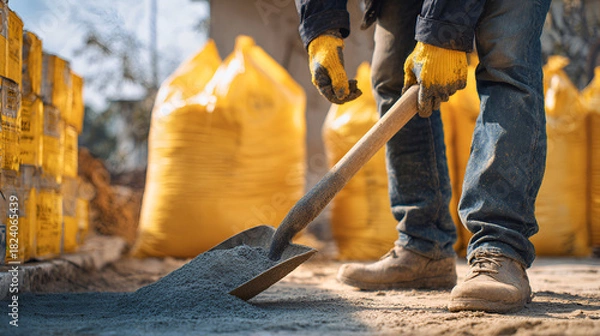 Obraz Construction worker using shovel to spread gravel at a building site in bright daylight