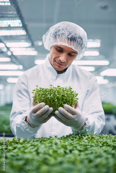 Obraz Scientist examines fresh microgreens in a controlled indoor farm environment