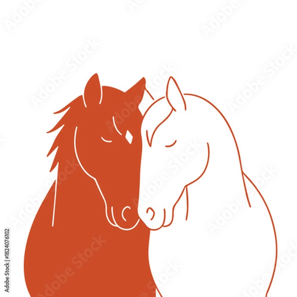 Fototapeta Two Loving Horses Illustration. Minimalist line art of two horses gently touching heads, symbolizing tenderness, unity, and harmony.