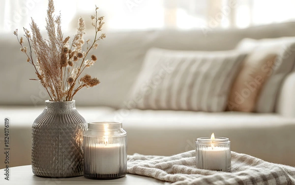 Obraz Cozy Hygge Home Interior Decor with Dried Pampas Grass in Grey Ribbed Vase and Burning Candles on Coffee Table Neutral Tones