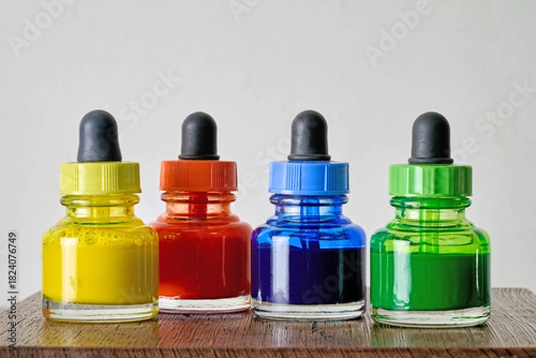 Fototapeta Indoor. Small bottles of colored watercolors