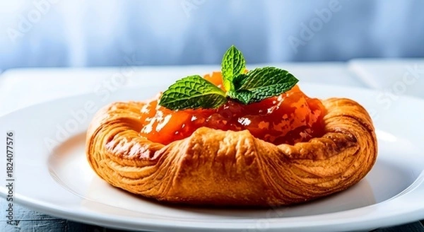 Fototapeta Indulge in a delectable apricot danish pastry topped with fresh mint leaves, a perfect treat for breakfast or brunch delight