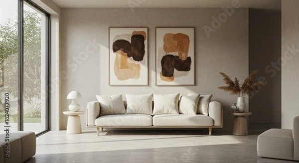 Obraz Minimalist Luxury Living Room with Neutral Tones and Garden View