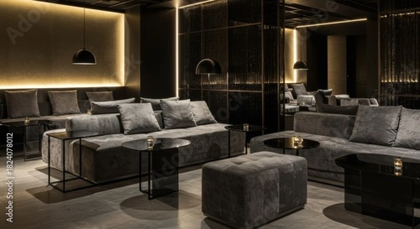 Obraz Modern Luxury Lounge with Gray Velvet Sofas and Warm Golden Lighting