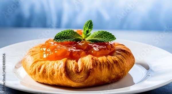 Fototapeta Delicious apricot pastry with fresh mint on a white plate tempts with its golden crust and sweet filling, perfect for breakfast or a delightful treat