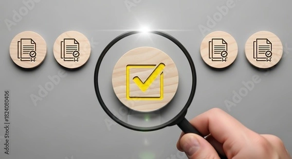 Fototapeta Magnifying glass focusing on a wooden disc with a yellow check mark