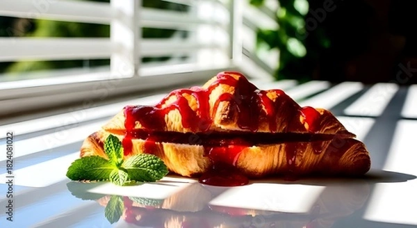 Fototapeta Delicious morning croissant with fresh raspberry jam and mint garnish awaits you near the window light for a bright breakfast start