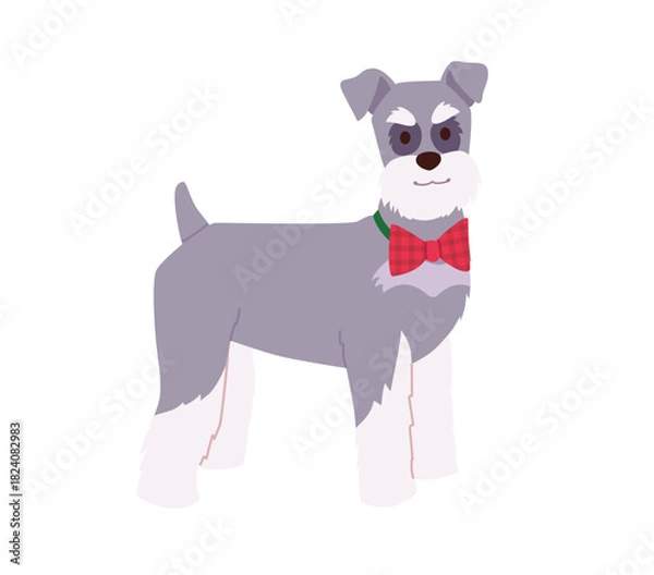 Fototapeta Dog wearing a checkered Bow Tie. Adorable Schnauzer puppy in a stylish Christmas outfit. Pet fashion vector illustration on white background