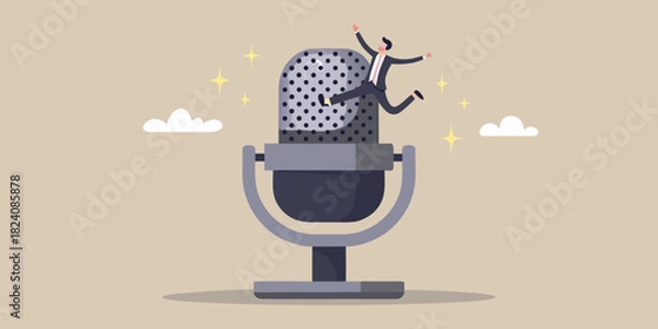 Fototapeta Man in suit joyfully jumps on vintage microphone