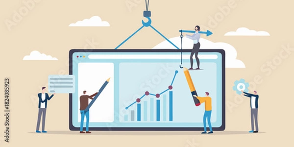 Fototapeta Team collaborating on a growing business chart on a large screen