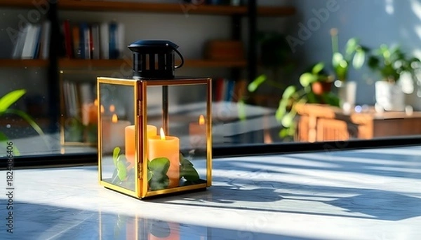 Fototapeta Create a warm ambiance with a stylish golden lantern illuminating your space with inviting candlelight and cozy atmosphere perfect for relaxation moments