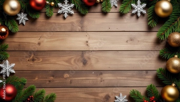 Fototapeta Festive christmas decoration cozy wooden background high-quality image seasonal environment aesthetic viewpoint celebratory concept for holiday cheer and joy