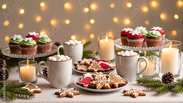 Fototapeta Christmas cupcakes, gingerbread cookies, and hot chocolate with marshmallows on festive table with candles and pine decor. Holiday dessert setup.