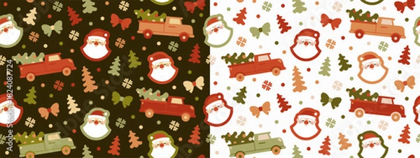 Fototapeta Happy New Year and Merry Christmas background set with cartoon santa claus, car and christmas tree on black background. Festive wallpaper, textile design. Vector illustration