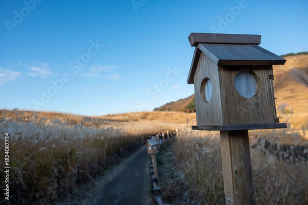 Obraz 灯ろうと青空とススキ、曽根高原の素朴な田舎の風景
