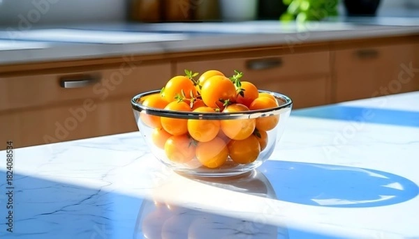 Fototapeta Enjoy fresh yellow cherry tomatoes from the garden on a sunny kitchen counter for a healthy and vibrant lifestyle with a touch of summer joy