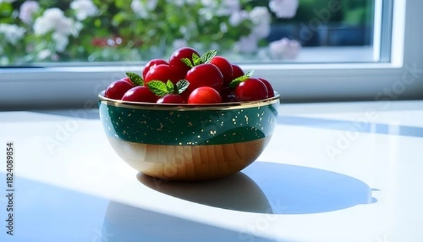Fototapeta Fresh cherries and vibrant mint in a stylish bowl brighten a sunny morning, perfect for healthy eating inspiration and summer lifestyle content