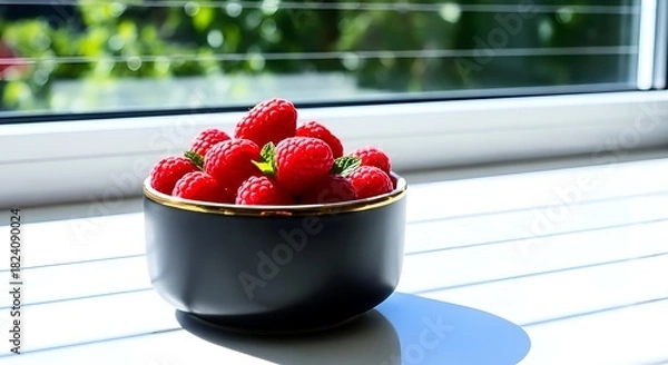 Fototapeta Enjoy fresh raspberries in a modern black bowl with golden trim, perfect for healthy eating and vibrant lifestyle promotions or summer recipe blogs