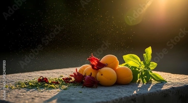 Fototapeta Capture the taste of summer with apricots basil and hibiscus in a golden sunset glow, perfect for healthy recipes or vibrant food photography projects