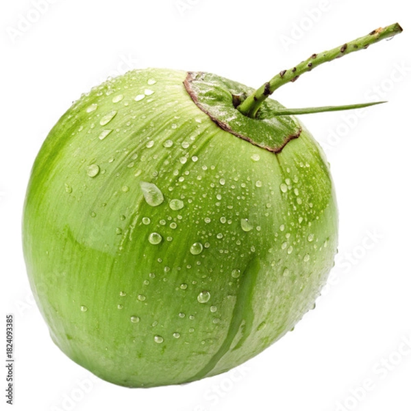 Obraz Close-up of a vibrant, fresh young green coconut with sparkling water droplets, perfectly chilled and ready for a refreshing tropical drink, healthy beverage.