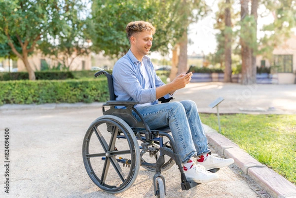 Fototapeta Young man with disability in wheelchair enjoying time outdoors using phone in park