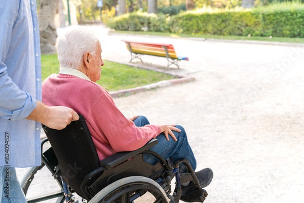 Fototapeta Anonymous caregiver assisting an elderly man in a wheelchair while enjoying a walk in the park