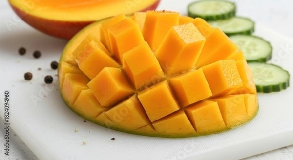 Fototapeta Close-up of a diced mango half with cucumber slices & peppercorns on a white board