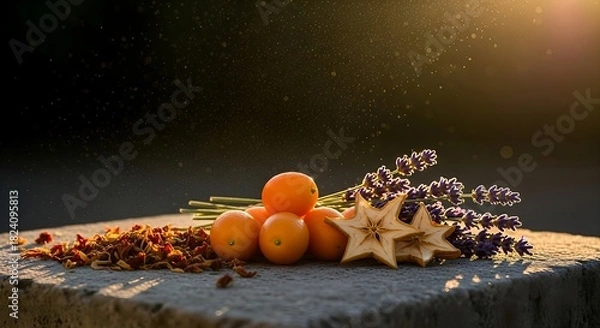 Obraz Golden hour glow on fresh oranges and lavender blooms creates a tranquil, elegant, and healthy lifestyle scene with a touch of rustic charm