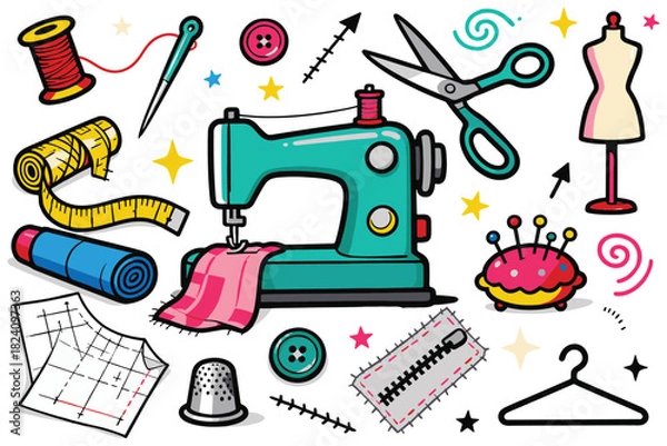 Fototapeta Tailor Doodle Flat Illustration Set