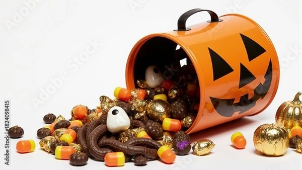 Fototapeta A small orange halloween bucket with a black pumpkin face design tipped over spilling assorted Halloween candies, mix of candy corn, gummy worms, gold foil-wrapped chocolates.